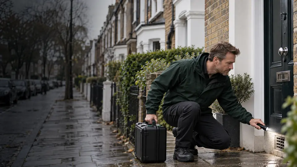 Pest control technician inspecting a low exterior entry point at a London terraced house