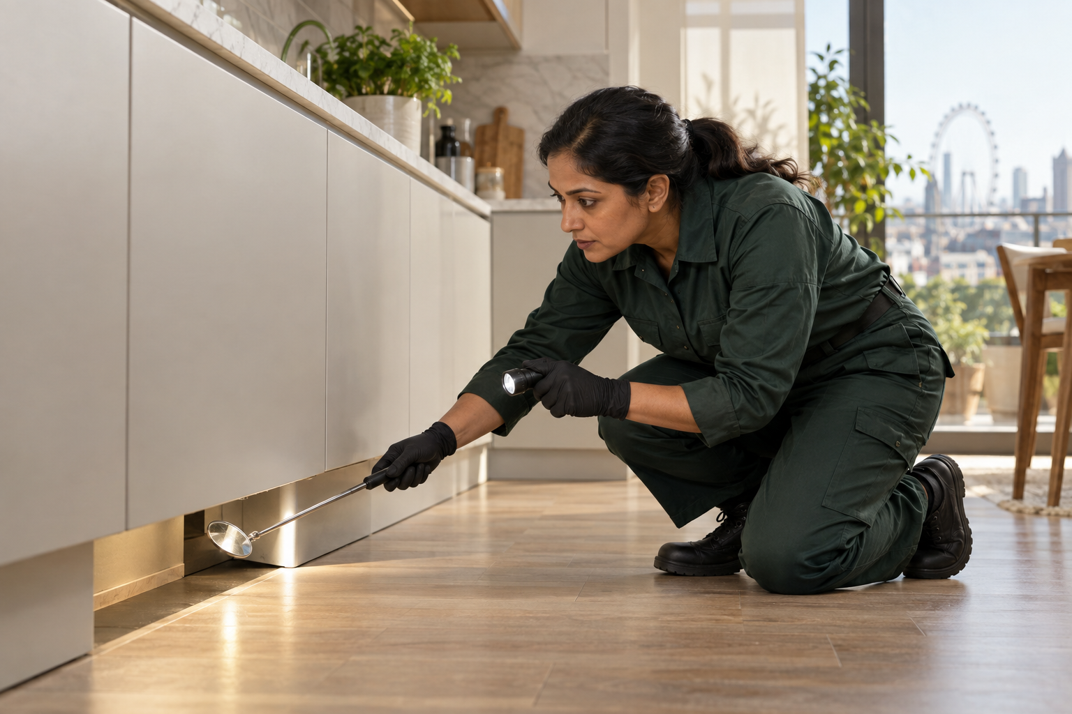 Female pest control technician inspecting below kitchen units