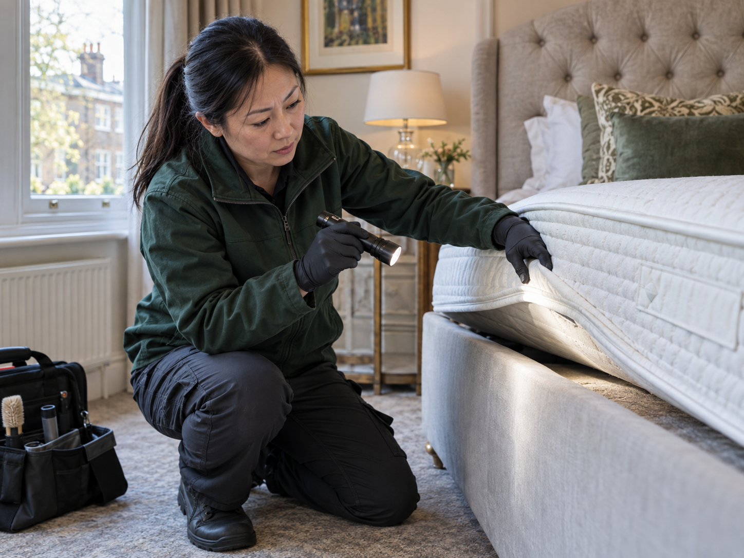 Female technician carrying out a discreet bed bug inspection