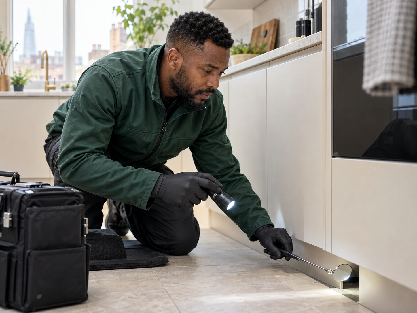 Technician inspecting a London kitchen for rodent access points