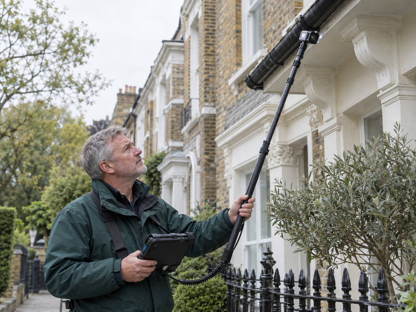 Experienced technician inspecting the exterior of a London house