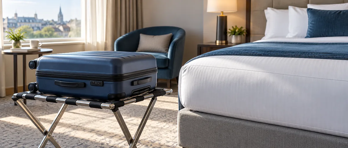 Closed suitcase on a hotel luggage rack beside a bed.