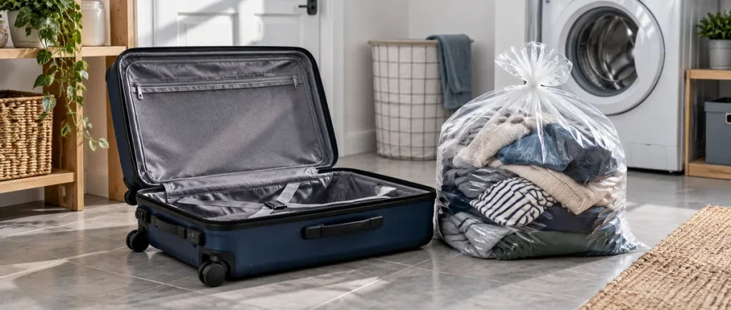 Suitcase and sealed laundry bag on a utility-room floor.