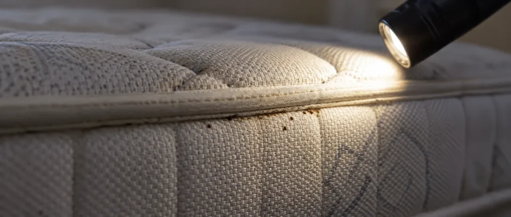 Small dark marks along a mattress seam being inspected.