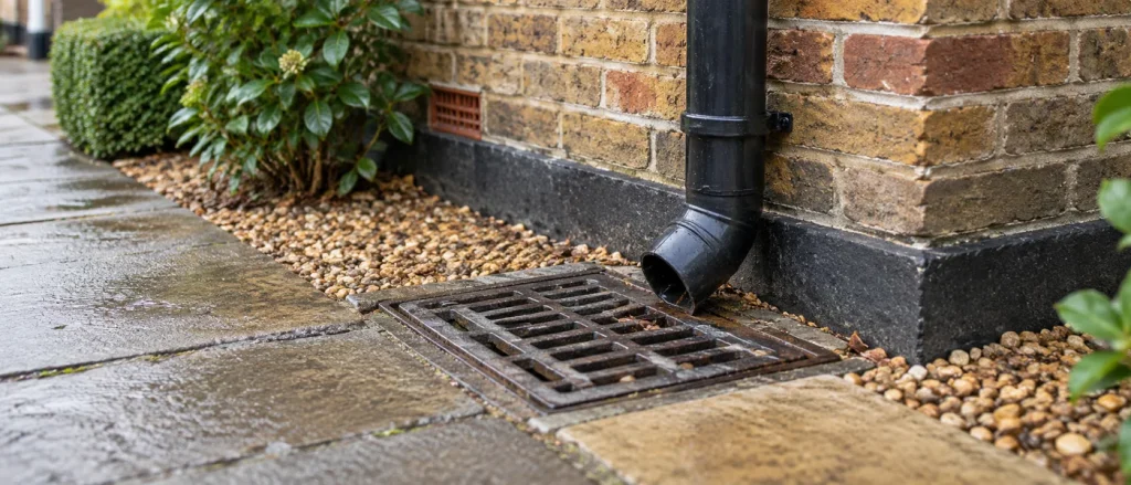 Domestic drain cover beside an exterior wall