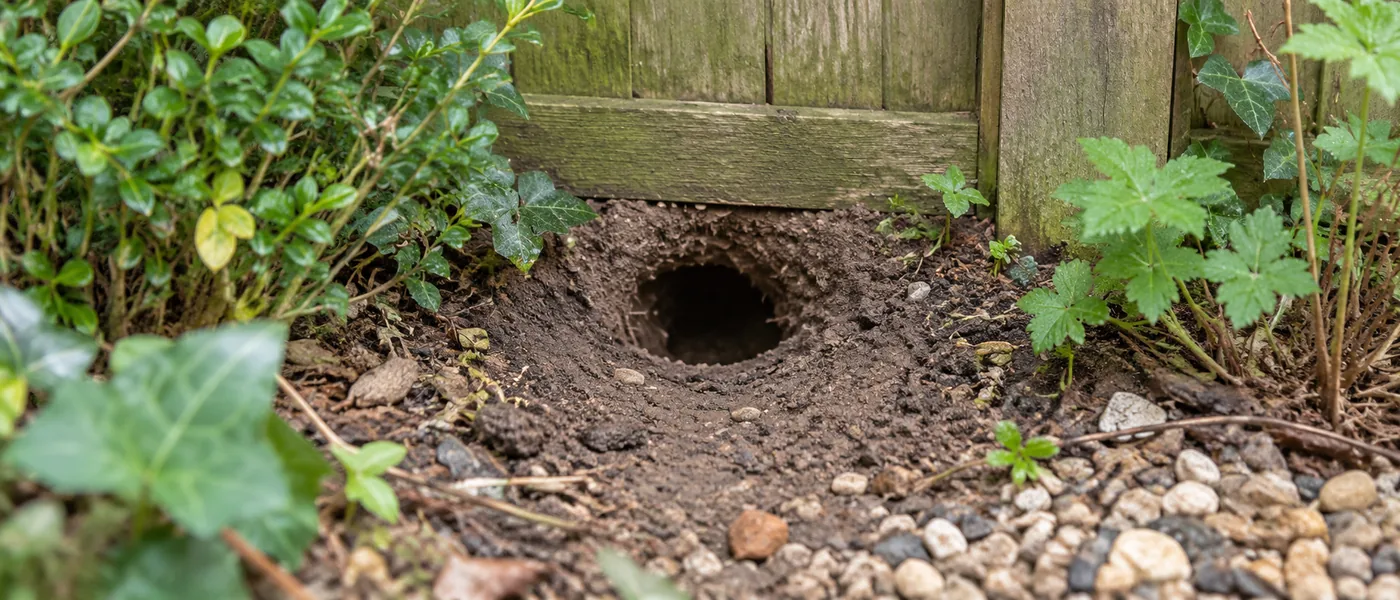 Small burrow opening in soil beside a garden fence