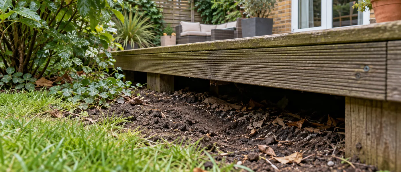 Raised garden decking with visible gaps at its edge