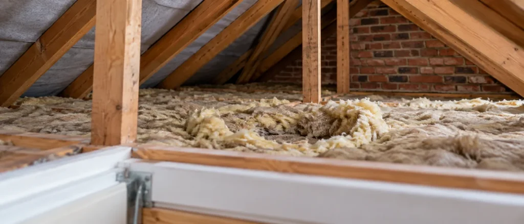 Roof timbers and disturbed insulation seen from a safe loft hatch