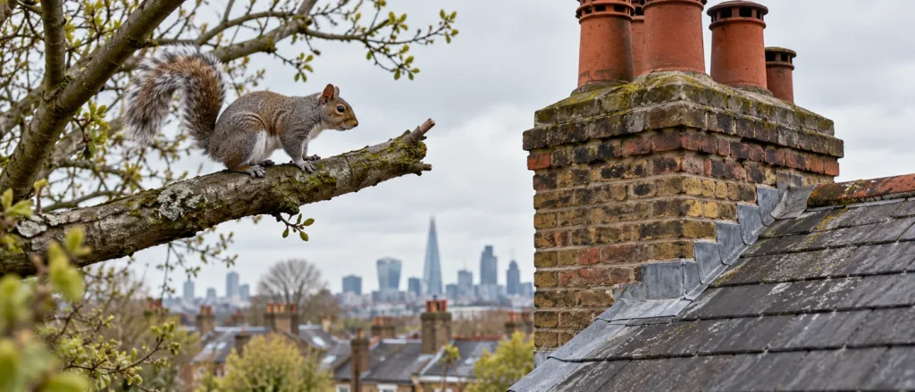 Grey squirrel on a tree branch beside a London brick chimney
